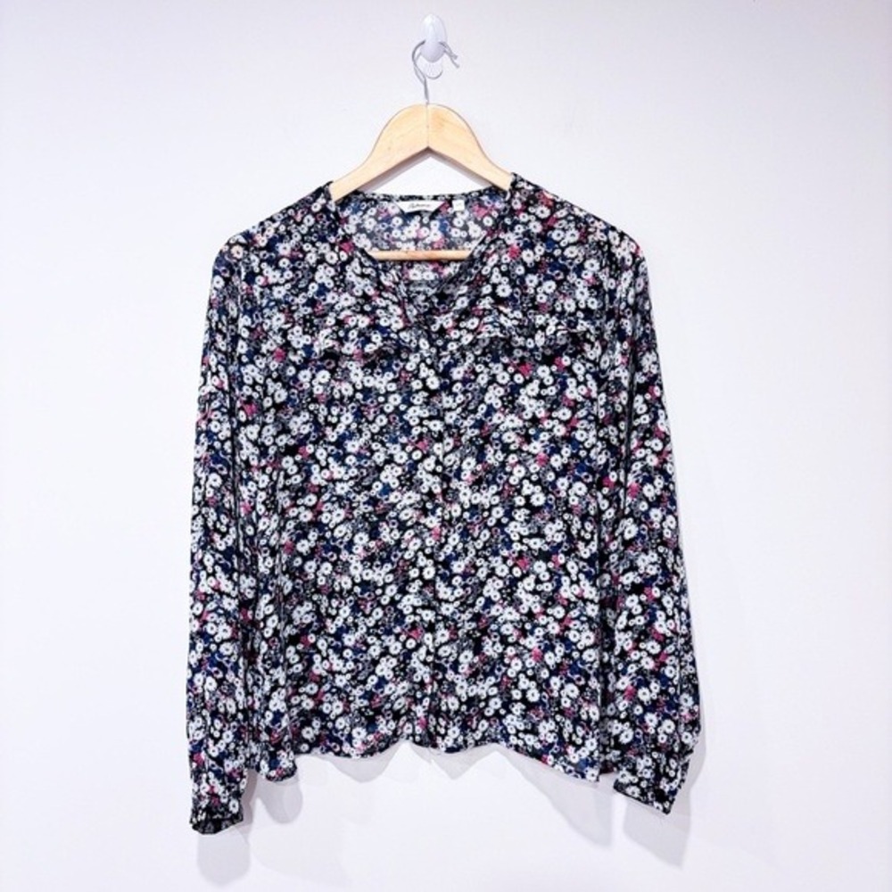REITMANS Black Floral Sheer Long Sleeve Button Front Blouse Small